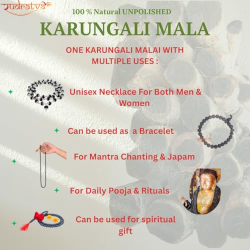 Rudratva Unisex 100% Natural Unpolished 8mm Karungali Malai Crafted with German Silver | Original Ebony Wood 54+1 Beads - with 2 Lab Certification | கருங்காலி மாலை - For Pooja, Jaap | with Pure Chandan & Bhasma - Image 5
