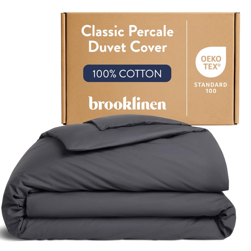 غطاء لحاف بروكلينين الفاخر من البيركالي 100 قطن بارد ومقرمش مع أربطة زوايا طويلة إضافية وإغلاق بأزرار ناعم وقابل للتنفس وقابل للغسل في الغسالة لأحجام الأسرة الكاملة/الملكة باللون الرمادي