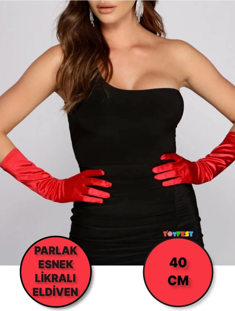 Toyfest Long Shiny Flexible Lycra Gloves 40 cm - 1 Pair - Red  - Image 1