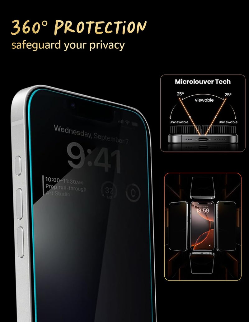 Lensarmor Military Grade 360 Degree Privacy Tempered Glass for iPhone 17 (6.3") – Anti-Spy Screen Protector with Accessories Kit, 9H+ Shatterproof & Scratch Resistant Full Coverage Screen Guard - Image 2