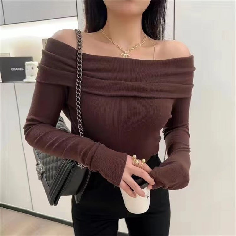 Lazy Style One-Shoulder Clavicle Knitted Sweater Spring Gentle Style Slimming Look Thin Long-Sleeved Bottoming Shirt Top Brown high quality threaded cotton