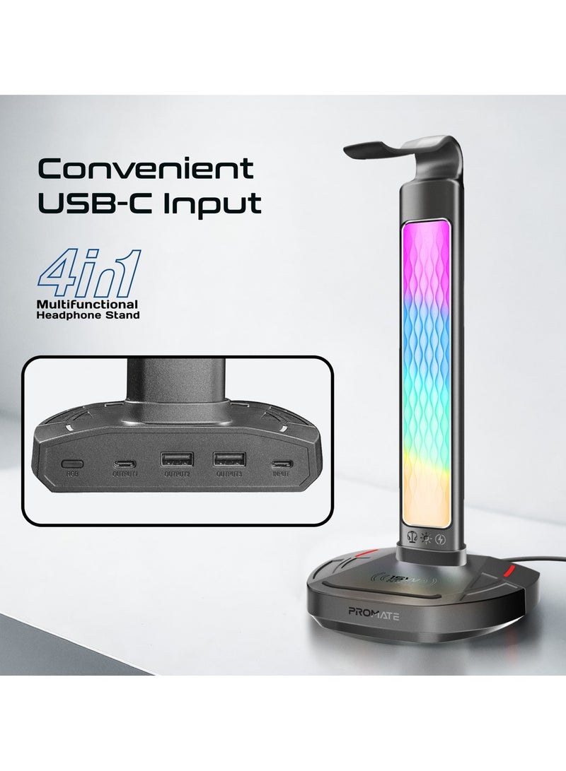 PROMATE 4-In-1 Multifunctional RGB Headset Stand with 15W Wireless Charger, USB-C and Dual USB-A Ports, Rapid 480Mbps Data Transfer, Vibrant RGB Lighting, Fast USB-C Input, Ergonomic Design, Fort-X black - Image 4