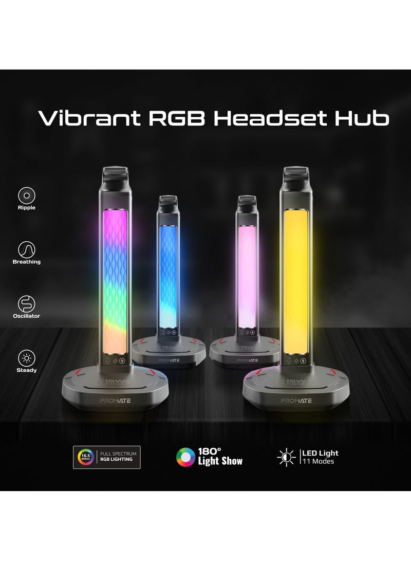 PROMATE 4-In-1 Multifunctional RGB Headset Stand with 15W Wireless Charger, USB-C and Dual USB-A Ports, Rapid 480Mbps Data Transfer, Vibrant RGB Lighting, Fast USB-C Input, Ergonomic Design, Fort-X black - Image 2