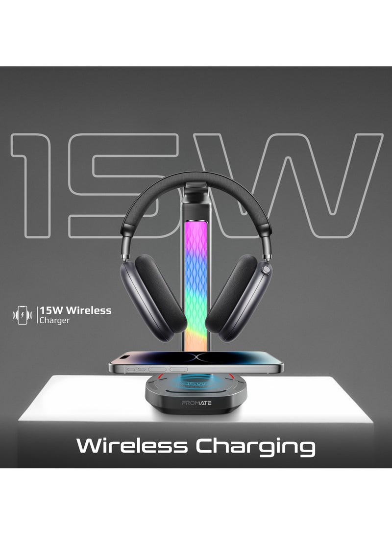 PROMATE 4-In-1 Multifunctional RGB Headset Stand with 15W Wireless Charger, USB-C and Dual USB-A Ports, Rapid 480Mbps Data Transfer, Vibrant RGB Lighting, Fast USB-C Input, Ergonomic Design, Fort-X black - Image 3