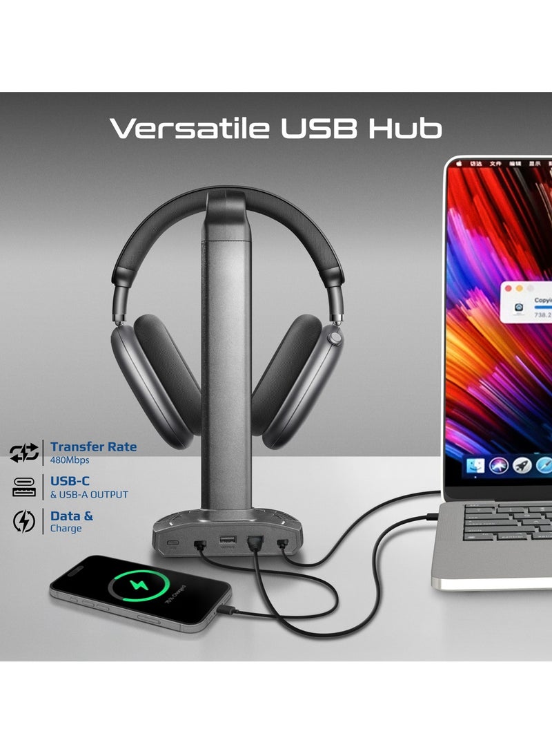 PROMATE 4-In-1 Multifunctional RGB Headset Stand with 15W Wireless Charger, USB-C and Dual USB-A Ports, Rapid 480Mbps Data Transfer, Vibrant RGB Lighting, Fast USB-C Input, Ergonomic Design, Fort-X black - Image 5
