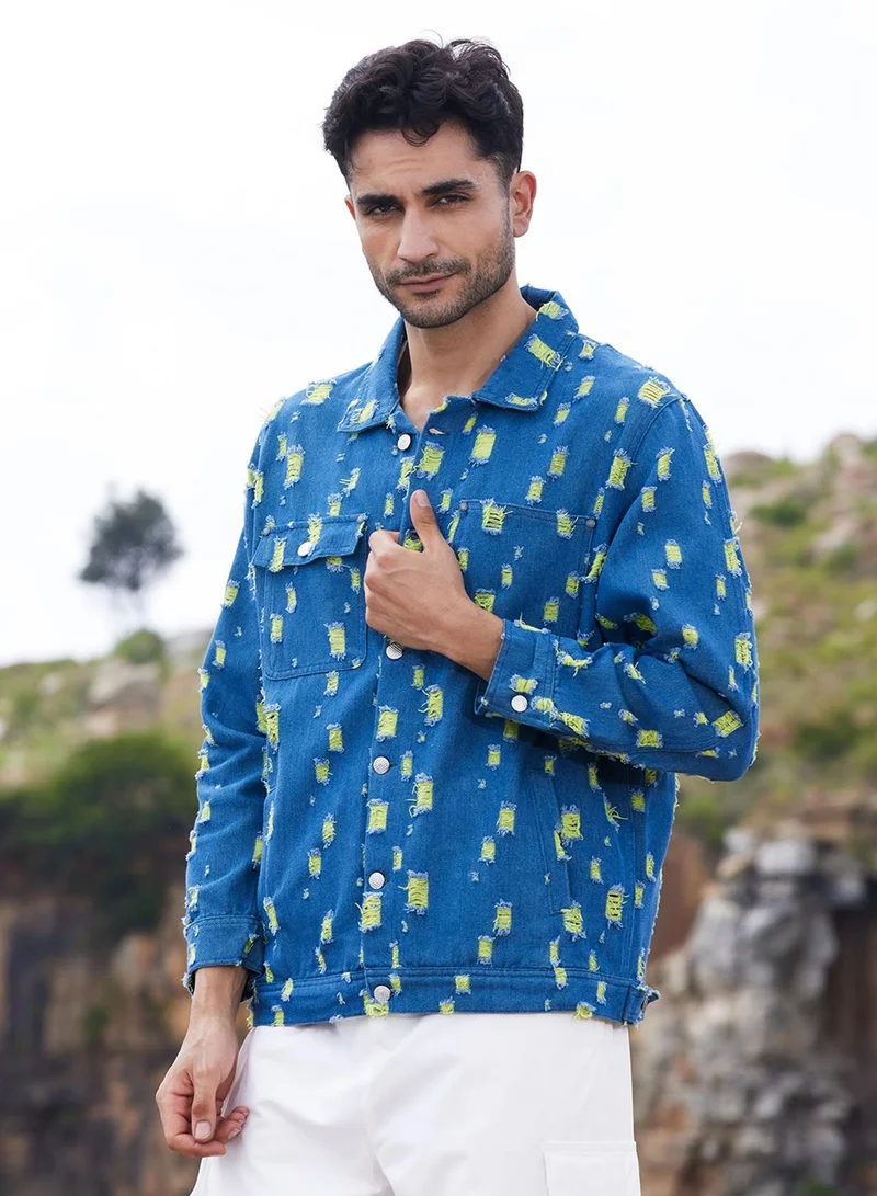 Campus Sutra Men's Blue Heavy Distressed Denim Jacket