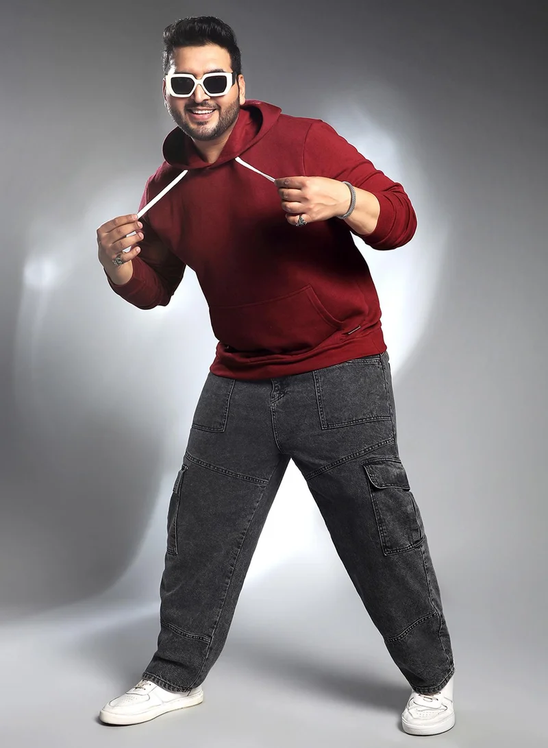 Instafab Plus Instafab Plus Men's Wine Red Solid Pullover Hoodie For Casual Wear | Hooded Neck | Long Cuffed Sleeves | Pull On Closure | Plus Size Sweatshirt Crafted With Comfort Fit For Everyday Wear