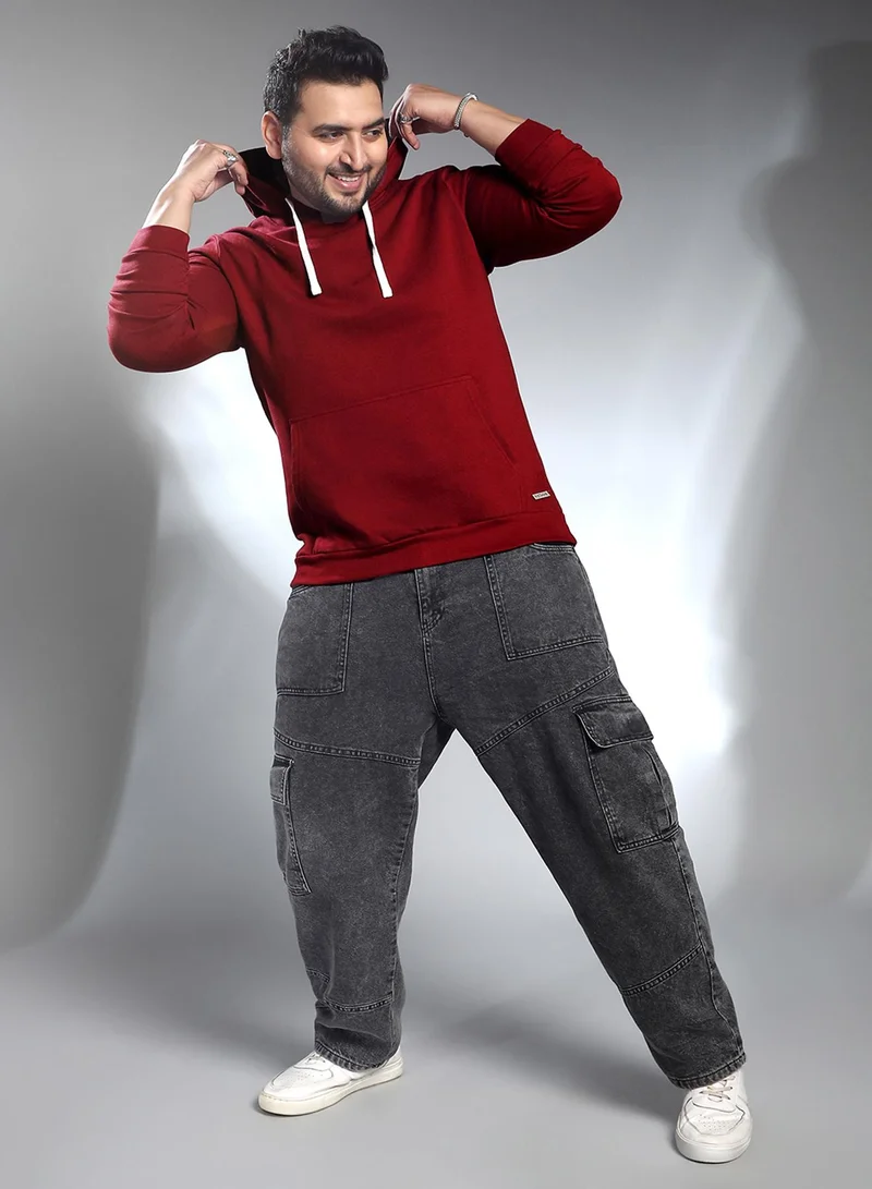 Instafab Plus Instafab Plus Men's Wine Red Solid Pullover Hoodie For Casual Wear | Hooded Neck | Long Cuffed Sleeves | Pull On Closure | Plus Size Sweatshirt Crafted With Comfort Fit For Everyday Wear