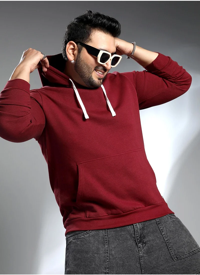 Instafab Plus Instafab Plus Men's Wine Red Solid Pullover Hoodie For Casual Wear | Hooded Neck | Long Cuffed Sleeves | Pull On Closure | Plus Size Sweatshirt Crafted With Comfort Fit For Everyday Wear
