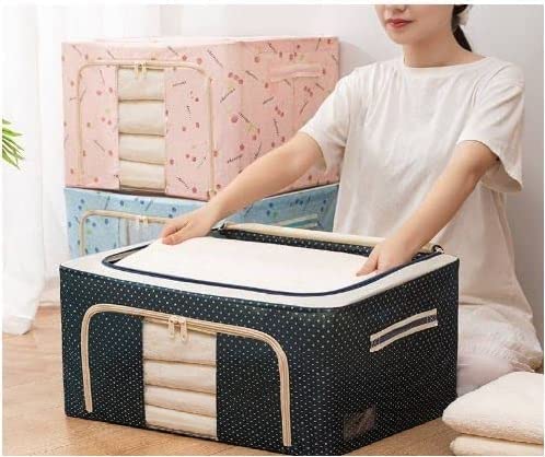TRIVYOM Foldable Clothes Storage Bag with Zipper Wardrobe Almari Closet Organizer Box Steel Frame Top and Front View Open Bags Pack of 1 24Litre Polka Dot - Image 4