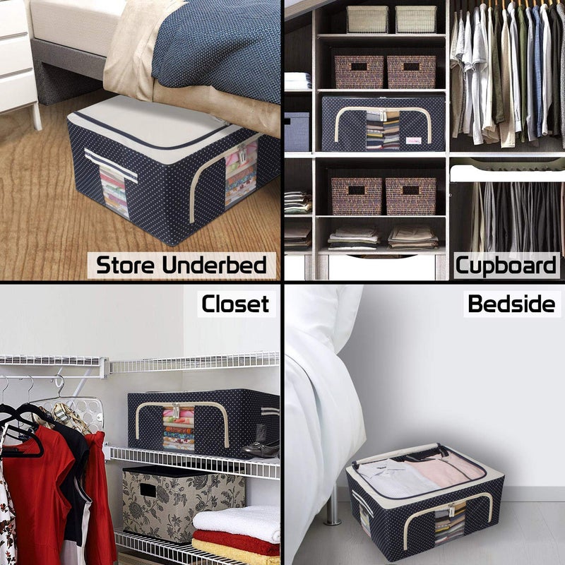 TRIVYOM Foldable Clothes Storage Bag with Zipper Wardrobe Almari Closet Organizer Box Steel Frame Top and Front View Open Bags Pack of 1 24Litre Polka Dot - Image 3