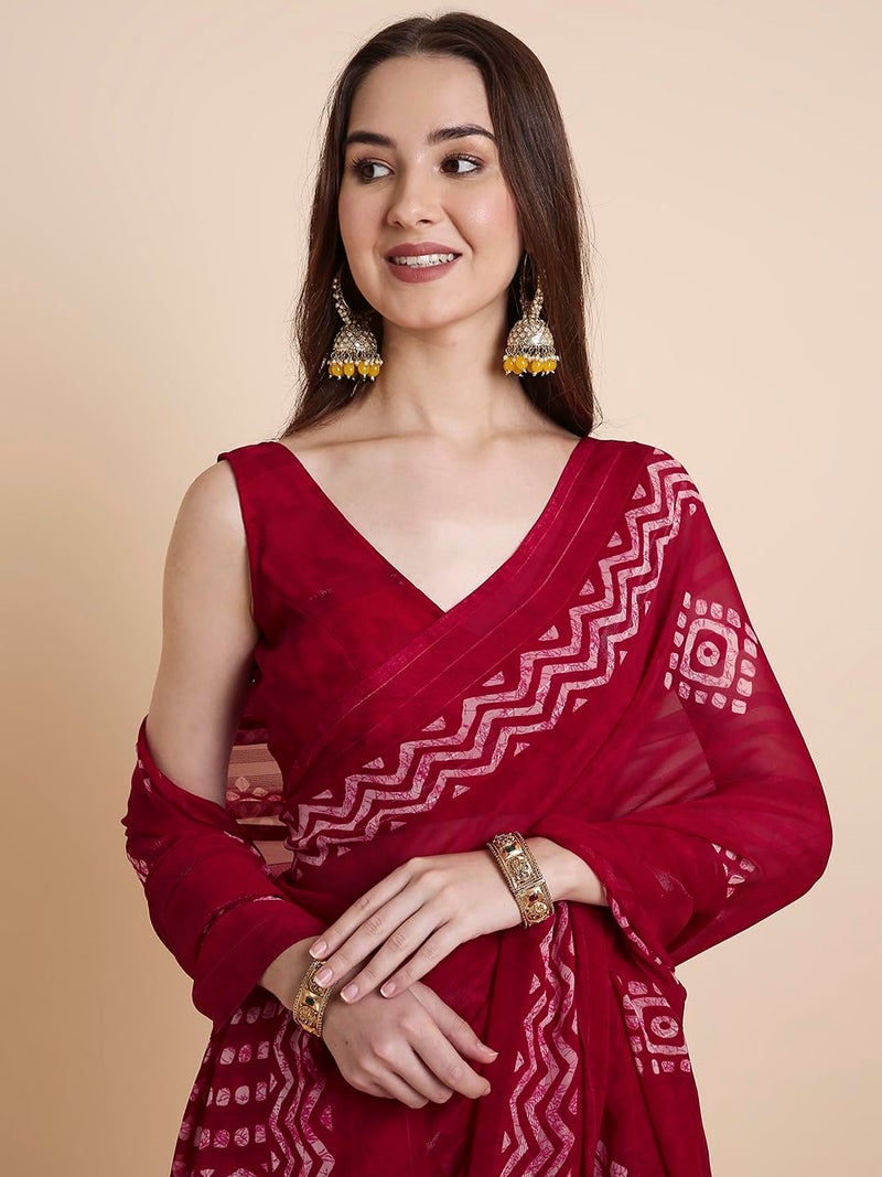 RATAN Women's Shimmer Georgette Batik Printed Saree with Printed Blouse Piece (BRBT-BP-21874_Rani Pink) - Image 4