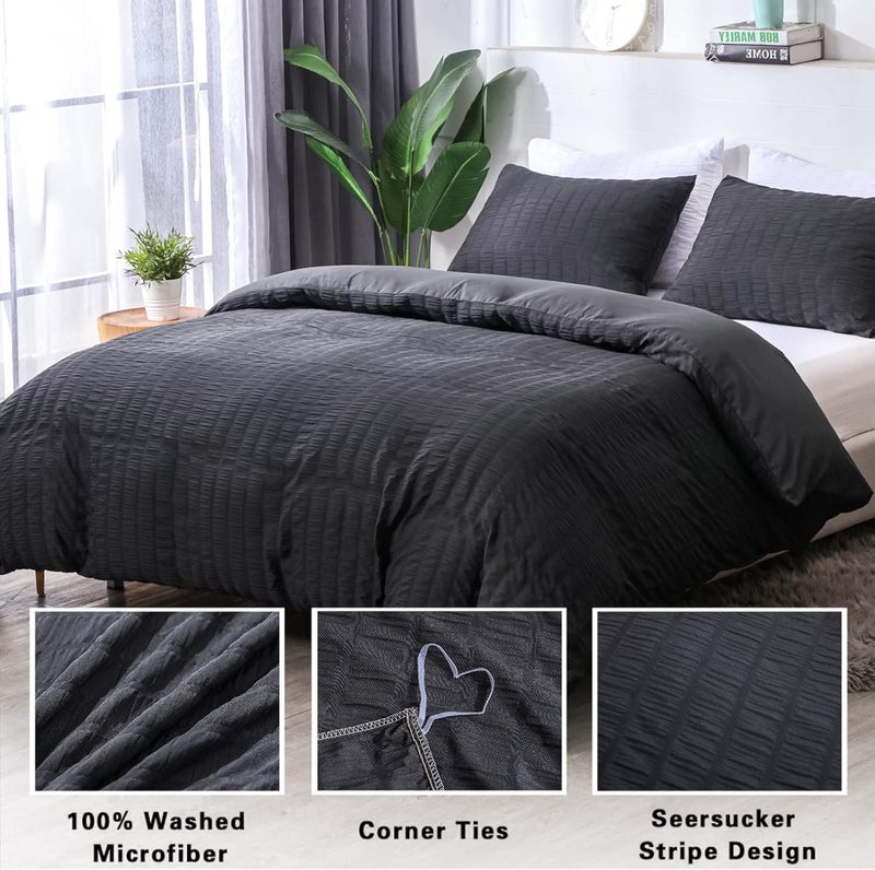AveLom Seersucker Duvet Cover Set King Size (104 x 90 inches), 3 Pieces (1 Duvet Cover + 2 Pillow Cases), Black Ultra Soft Washed Microfiber, Textured Duvet Cover with Zipper Closure, Corner Ties - Image 2