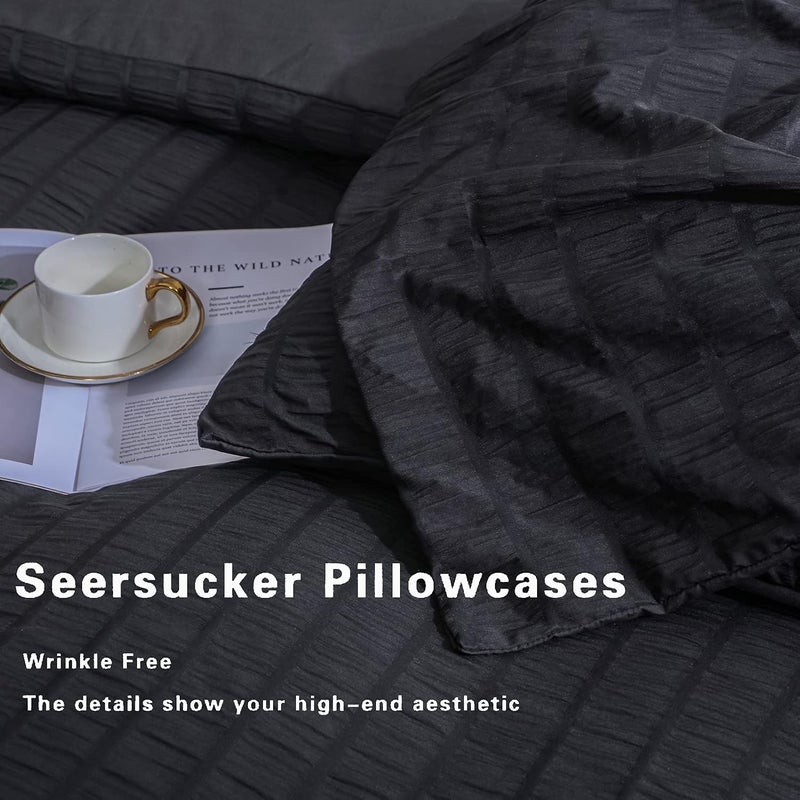 AveLom Seersucker Duvet Cover Set King Size (104 x 90 inches), 3 Pieces (1 Duvet Cover + 2 Pillow Cases), Black Ultra Soft Washed Microfiber, Textured Duvet Cover with Zipper Closure, Corner Ties - Image 5