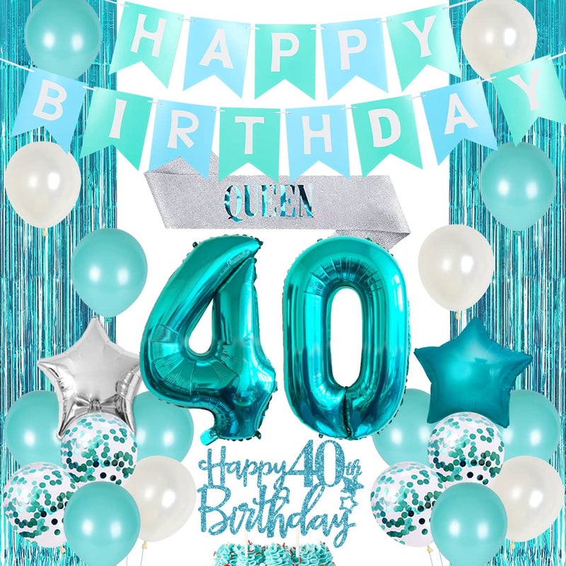 Funmemoir 40th Birthday Decorations for Women Girls Teal Queen Sash Happy Birthday Banner Cake Topper Number 40 Foil Balloon Foil Curtain for Turquoise Fortieth Birthday Decorations Party Supplies for Her - Image 3