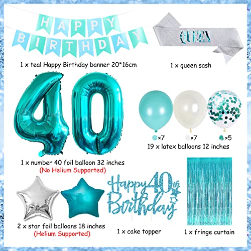 Funmemoir 40th Birthday Decorations for Women Girls Teal Queen Sash Happy Birthday Banner Cake Topper Number 40 Foil Balloon Foil Curtain for Turquoise Fortieth Birthday Decorations Party Supplies for Her - Image 5