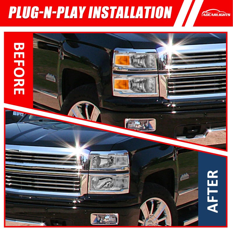 ADCARLIGHTS Headlight Assembly for 2014 2015 Chevy Silverado 1500 Chrome Housing with Clear Reflector Left and Right Pairï¼ˆW/O Bulbsï¼‰ - Image 4