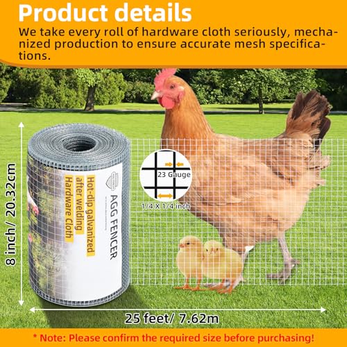 AggFencer 8inch x 25ft Hardware Cloth 1/4 inch Chicken Wire Fencing 23Ga, Hot Dipped Galvanized After Welding Garden Plant Supports Welded Metal Chicken Wire Fence, Poultry Animal Netting Cage Screen - Image 2