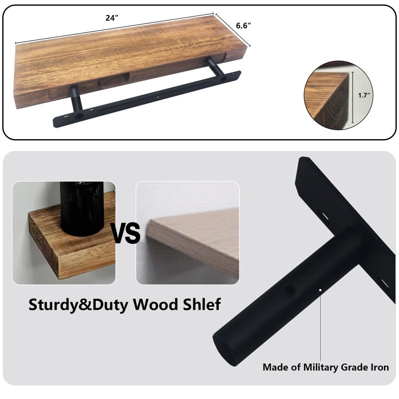 Beneouya 24 Inch Floating Shelves, Bathroom Wooden Shelves for Wall Mounted, Rustic Farmhouse Floating Shelves, Solid Wood Wall Shelves for Storage, Set of 2, Carbonized Black - Image 5