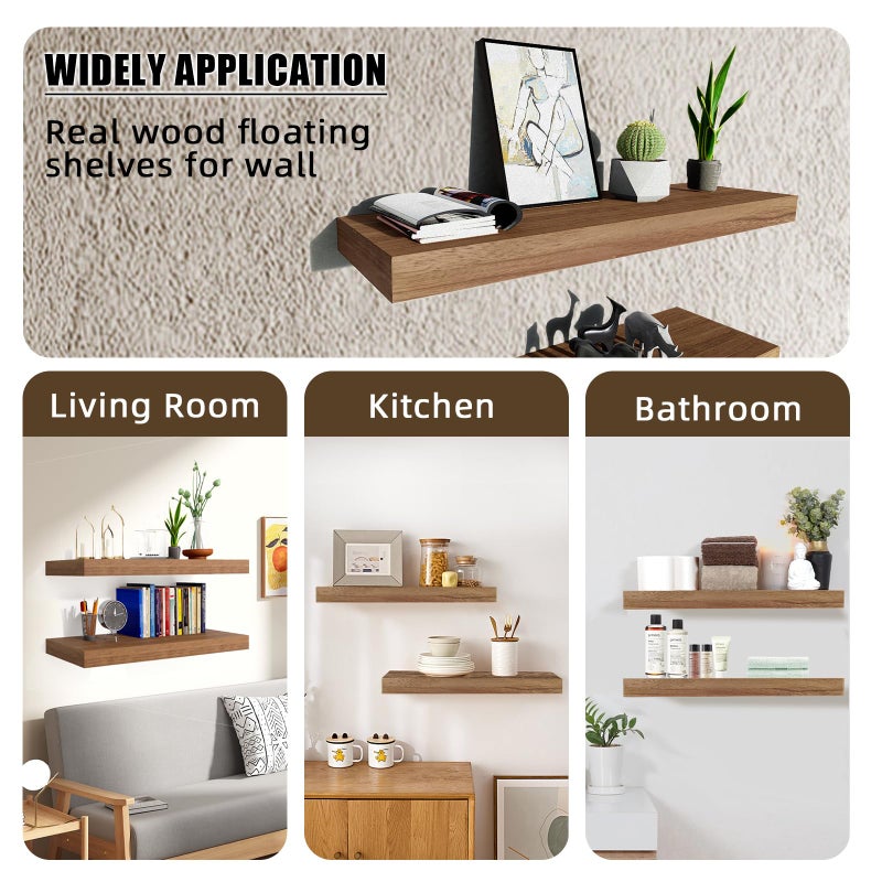 Beneouya 24 Inch Floating Shelves, Bathroom Wooden Shelves for Wall Mounted, Rustic Farmhouse Floating Shelves, Solid Wood Wall Shelves for Storage, Set of 2, Carbonized Black - Image 4