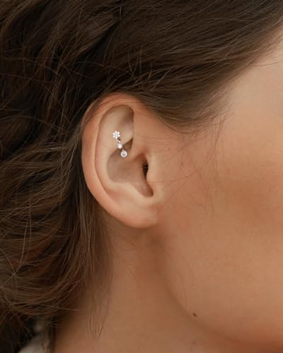 Cocharm Cute Dangling Flower Rook Earrings for Women - 16g CZ Dangle Barbell Stainless Steel 8mm Dainty Dangly Jewelry - Image 2