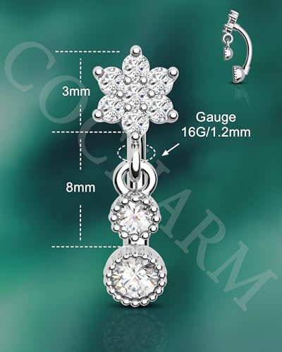 Cocharm Cute Dangling Flower Rook Earrings for Women - 16g CZ Dangle Barbell Stainless Steel 8mm Dainty Dangly Jewelry - Image 3