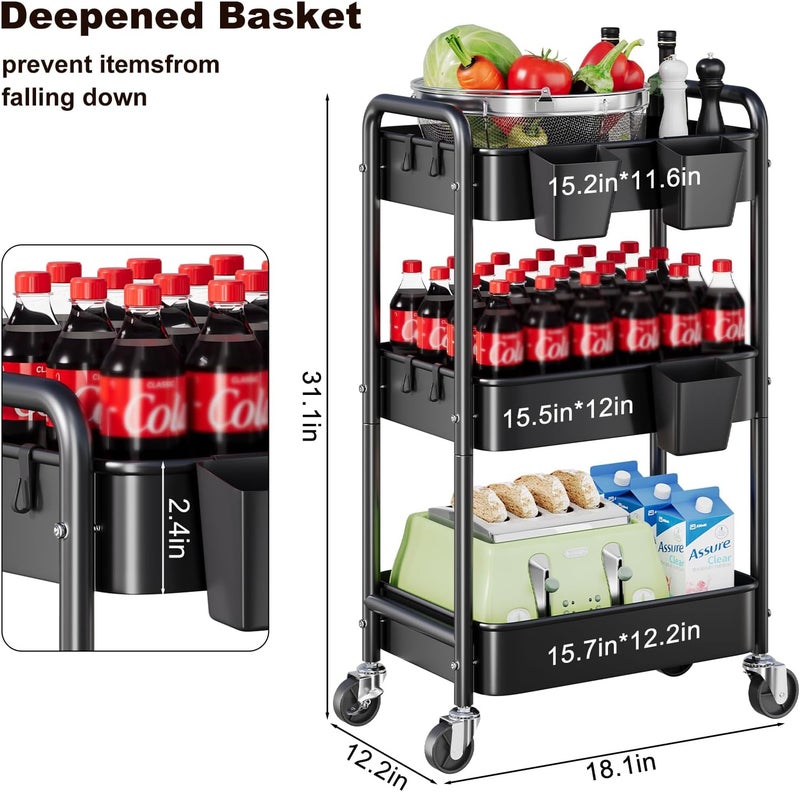 Aofure 3 Tier Rolling Cart Metal with Wheels, Black Three Tiered Utility Craft Cart Organizer on Wheels, Roller Storage Carts for Baby, Diaper Caddy, Art, Snack, Nail, Lash, Cleaning, Dorm, Bathroom, Laundry - Image 2