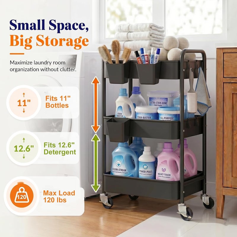 Aofure 3 Tier Rolling Cart Metal with Wheels, Black Three Tiered Utility Craft Cart Organizer on Wheels, Roller Storage Carts for Baby, Diaper Caddy, Art, Snack, Nail, Lash, Cleaning, Dorm, Bathroom, Laundry - Image 4
