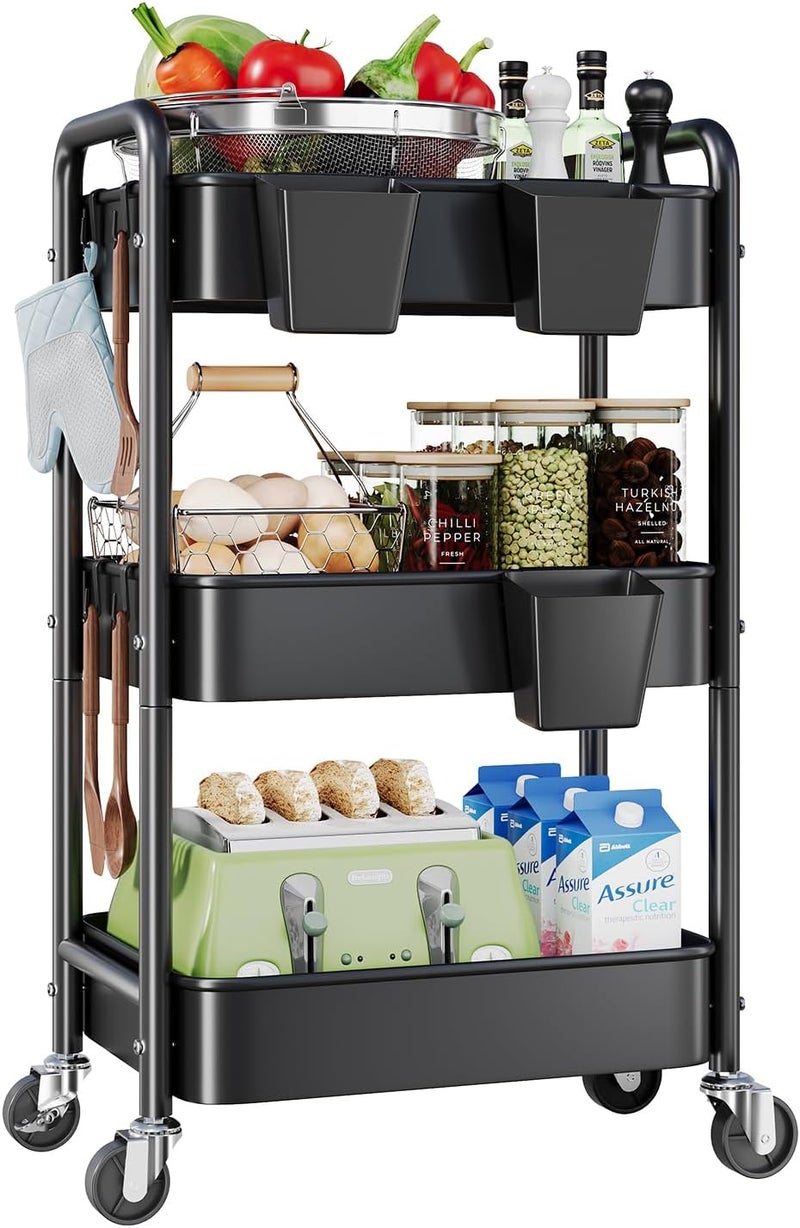 Aofure 3 Tier Rolling Cart Metal with Wheels, Black Three Tiered Utility Craft Cart Organizer on Wheels, Roller Storage Carts for Baby, Diaper Caddy, Art, Snack, Nail, Lash, Cleaning, Dorm, Bathroom, Laundry - Image 1