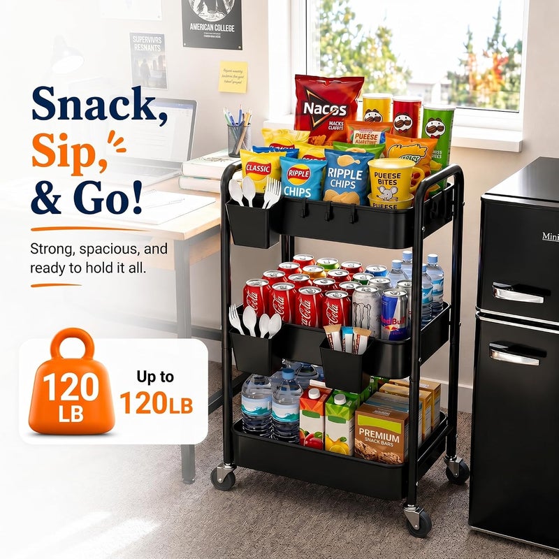 Aofure 3 Tier Rolling Cart Metal with Wheels, Black Three Tiered Utility Craft Cart Organizer on Wheels, Roller Storage Carts for Baby, Diaper Caddy, Art, Snack, Nail, Lash, Cleaning, Dorm, Bathroom, Laundry - Image 3