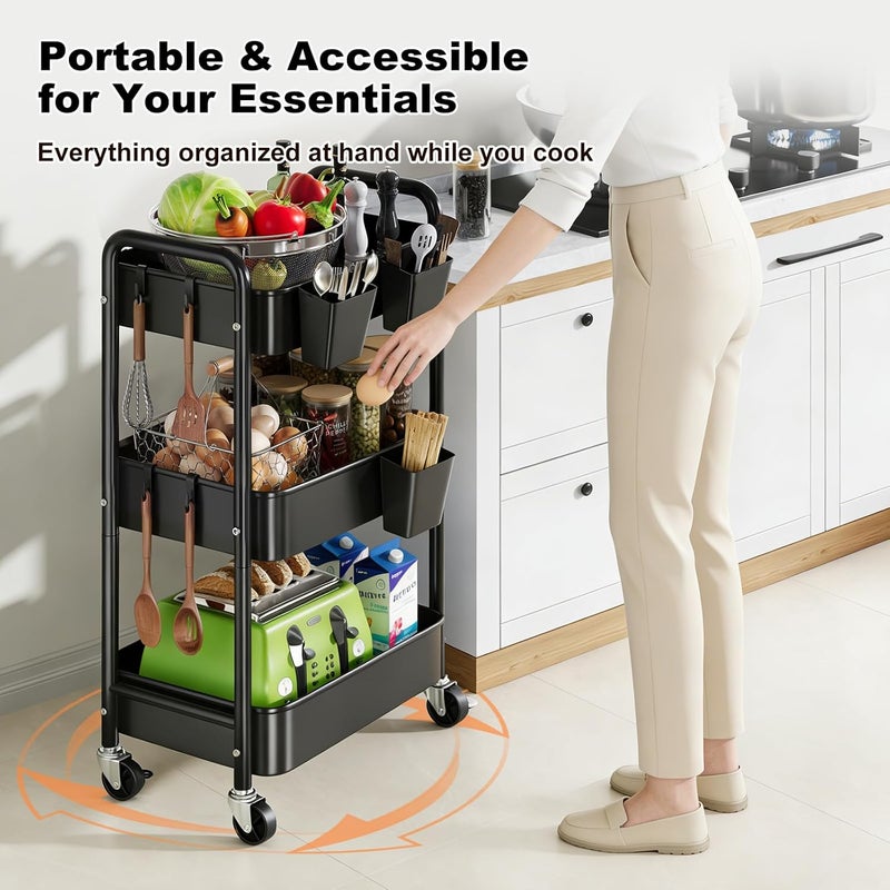 Aofure 3 Tier Rolling Cart Metal with Wheels, Black Three Tiered Utility Craft Cart Organizer on Wheels, Roller Storage Carts for Baby, Diaper Caddy, Art, Snack, Nail, Lash, Cleaning, Dorm, Bathroom, Laundry - Image 5