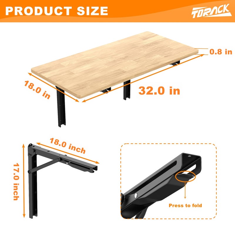 TORACK Heavy Duty Wall Mounted Folding Workbench, Space-Saving Collapsible Wall Table/Desk for Garage Workshop, Holds Up to 550 lbs(Board Size: 32 x 18 in) - Image 3