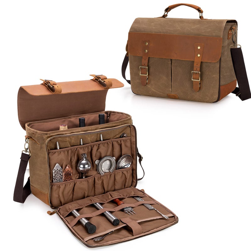 Lodrid Vintage Bartender Kit Bag with Flexible Compartments for Wine Leather Waxed Canvas Bartender Tote with Removable Dividers Bar Bag with Handle and Shoulder Strap Case Only Patent Design - Image 2