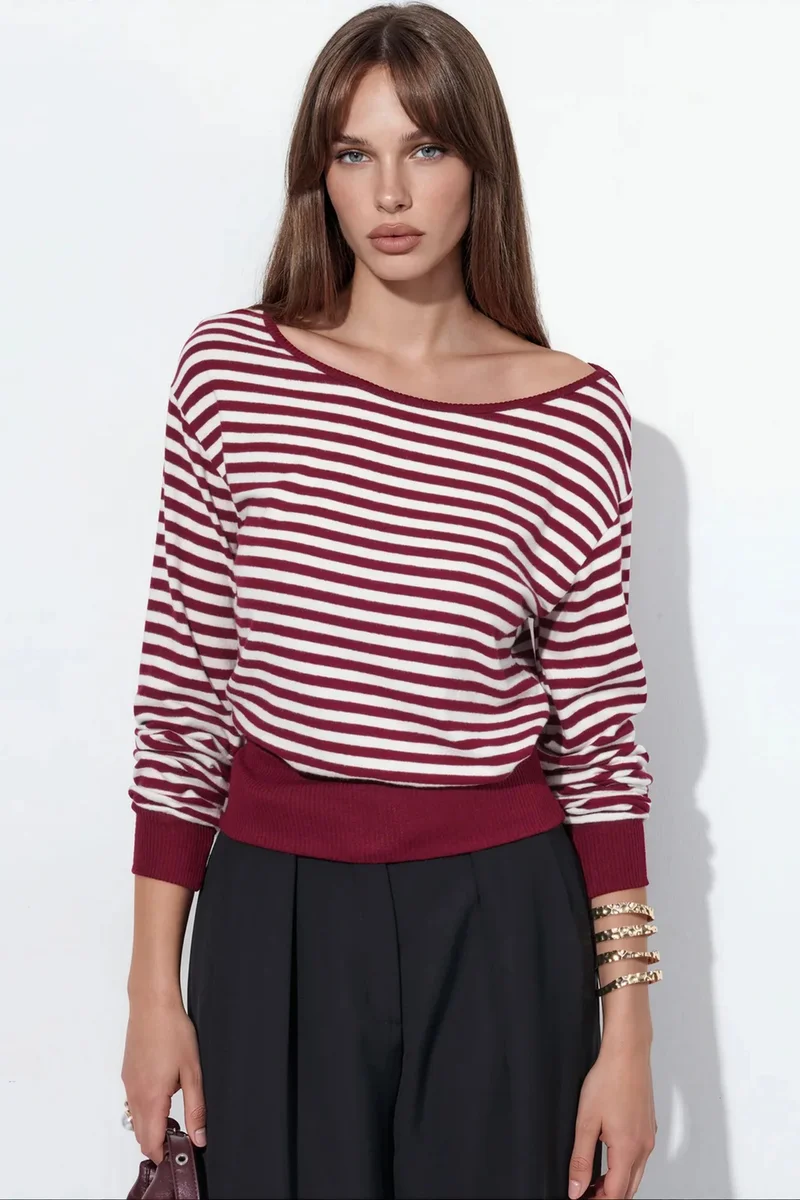 BUSEM Women's Striped Long-sleeve Ribbed T-shirt