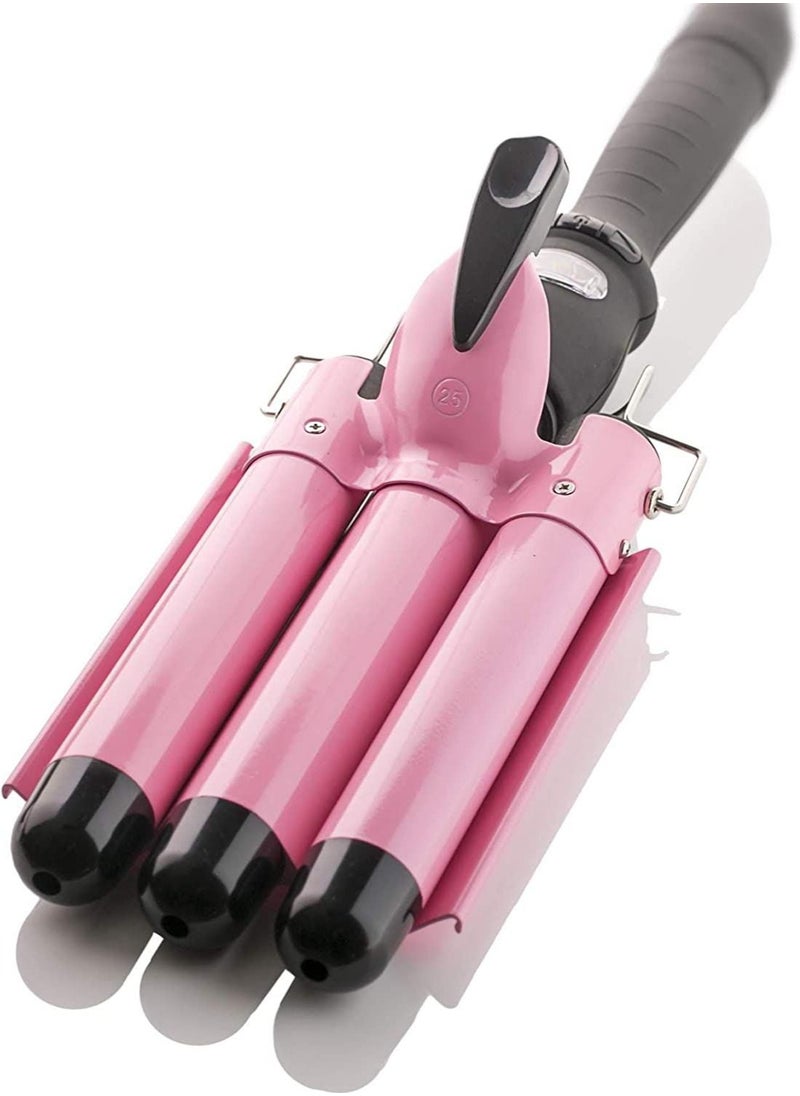 Generic Three Barrel Curling Iron Wand with LCD Temperature Display - 1 Inch Ceramic Tourmaline Triple Barrels, Dual Voltage Crimp (Pink)  - Image 1