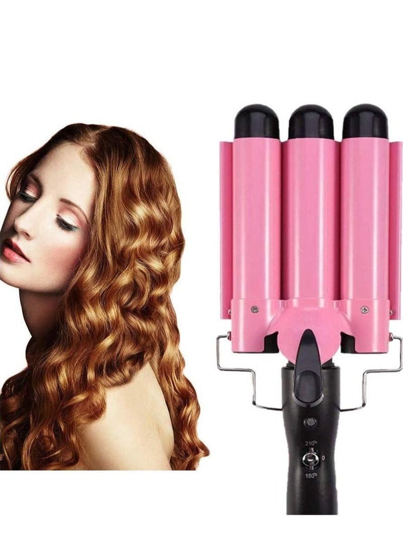 Generic Three Barrel Curling Iron Wand with LCD Temperature Display - 1 Inch Ceramic Tourmaline Triple Barrels, Dual Voltage Crimp (Pink)  - Image 4