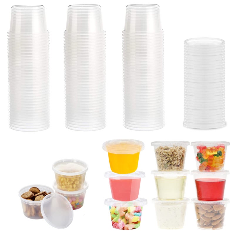 Surflyee 50 Pack Containers with Lids 100ML 4OZ Sauce Pots Leakproof Small Plastic Pots for Takeaway Food Dip Soup Salad Condiment