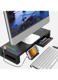 فلاش هوك RGB حامل شاشة حامل كمبيوتر محمول مع محاور Usb3.0 حامل شاشة الكمبيوتر مع درج تخزين وحامل هاتف للعمل المكتبي