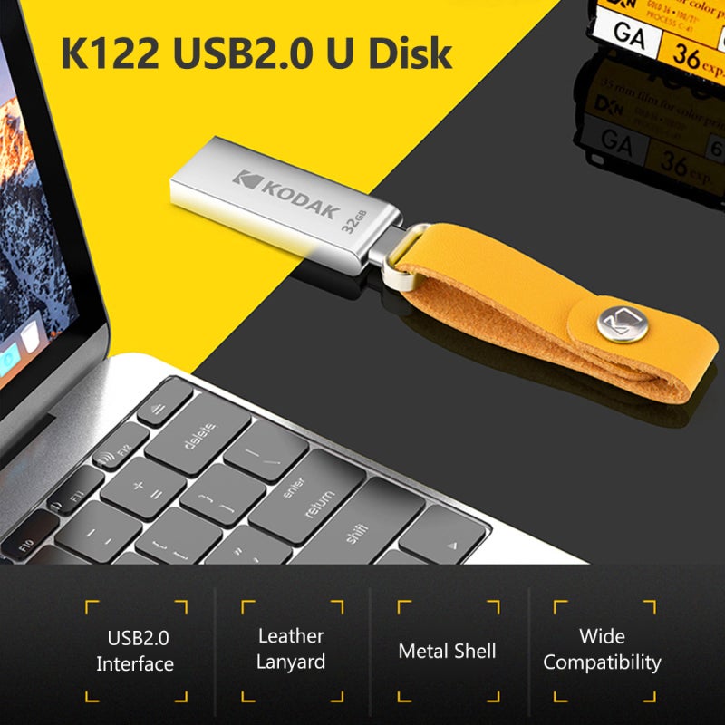 كوداك محرك أقراص فلاش USB معدني محمول بسعات 16 جيجابايت، 32 جيجابايت، 64 جيجابايت، 128 جيجابايت، واجهة USB 2.0 لنقل بيانات عالي السرعة، ذاكرة فلاش صغيرة - تصميم أنيق مع حزام حمل مقاوم للماء مناسب للاستخدام في السيارة ومحركات أقراص القلم. - Image 2
