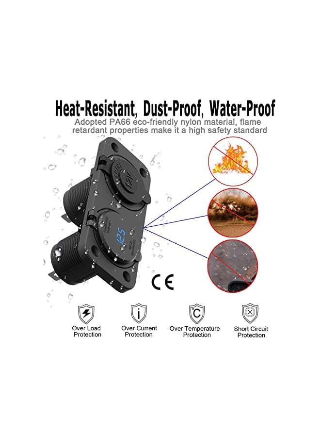 SYOSI 3.0 Car USB for Charger, Socket Cigarette Lighter Socket 12V/24V Power Outlet with LED Digital Voltmeter and Touch Switch for Car Boat Marine(Black) - Image 4