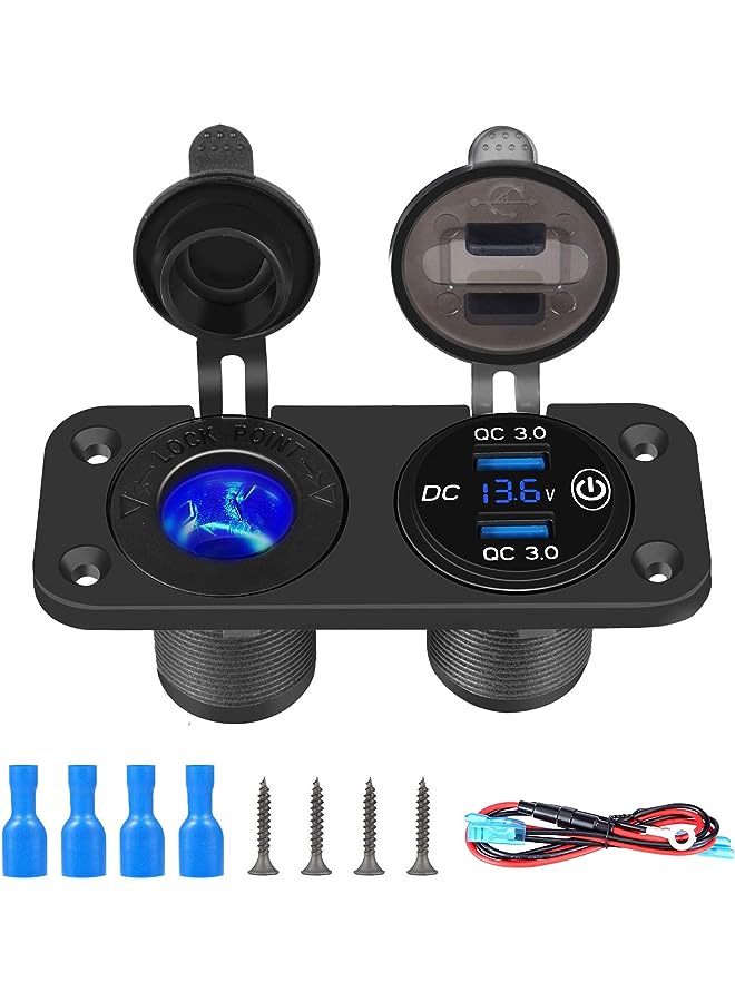 SYOSI 3.0 Car USB for Charger, Socket Cigarette Lighter Socket 12V/24V Power Outlet with LED Digital Voltmeter and Touch Switch for Car Boat Marine(Black) - Image 1