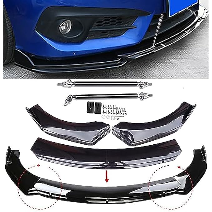 Aokzeeo Universal Front Bumper Lip Chin Spoiler PP Front Bumper Lip Sopiler Wing Body with Adjustable 8"-11" Support Splitter Rod (New Round Shape) - Image 1