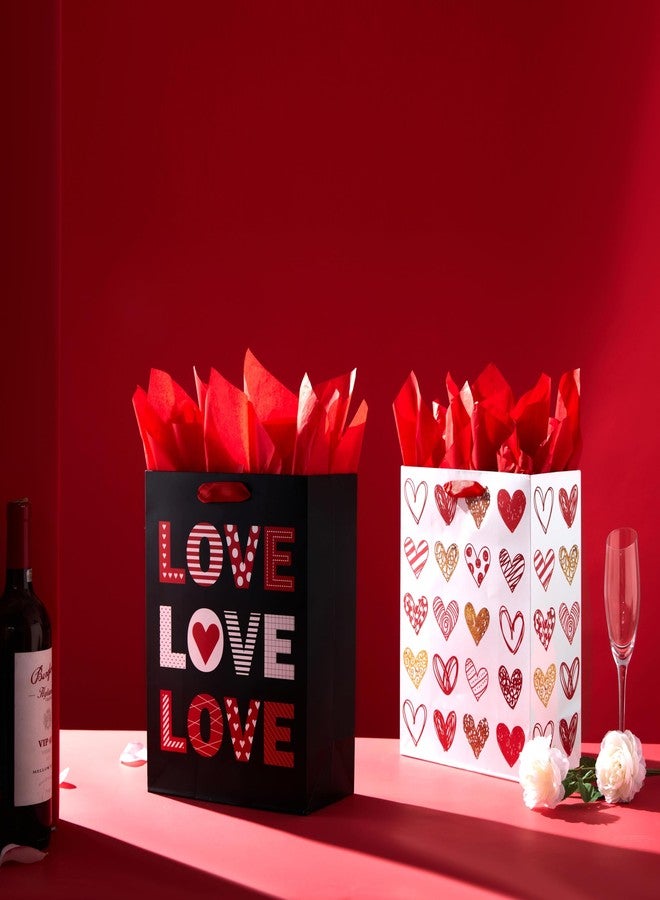 SUNCOLOR Large Valentine's Day Gift Bags with Tissue Paper, Red and White Love Heart Design, 13x10.2x4.9 Inches, 2 Pack with 6 Tissue Sheets - Image 2