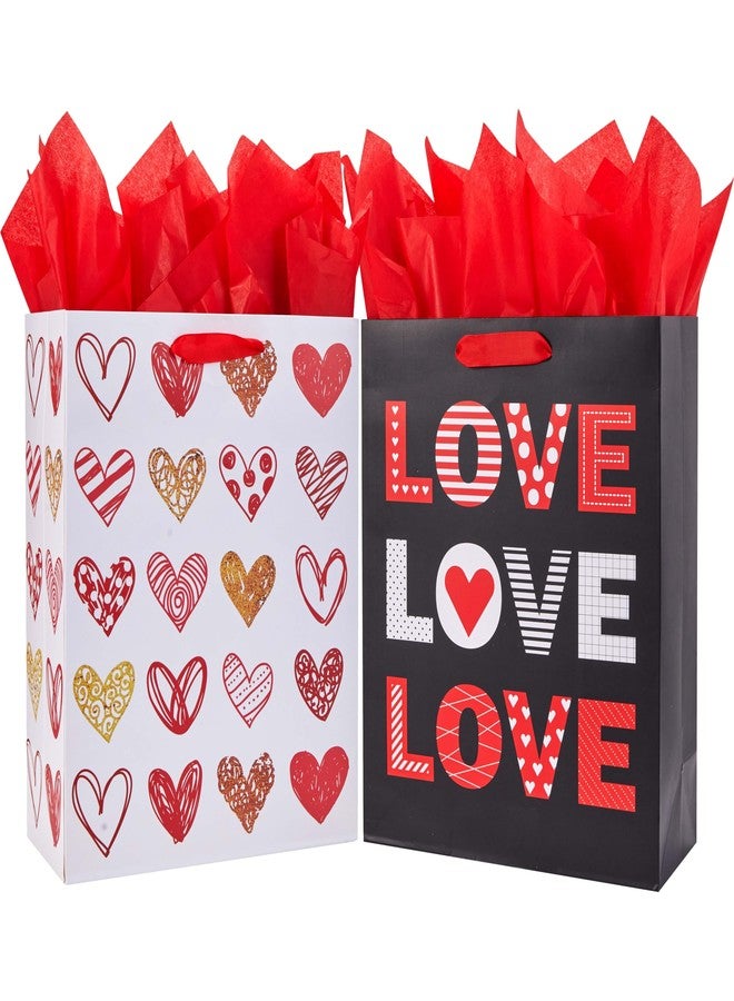 SUNCOLOR Large Valentine's Day Gift Bags with Tissue Paper, Red and White Love Heart Design, 13x10.2x4.9 Inches, 2 Pack with 6 Tissue Sheets - Image 1
