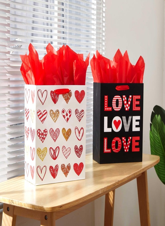 SUNCOLOR Large Valentine's Day Gift Bags with Tissue Paper, Red and White Love Heart Design, 13x10.2x4.9 Inches, 2 Pack with 6 Tissue Sheets - Image 5
