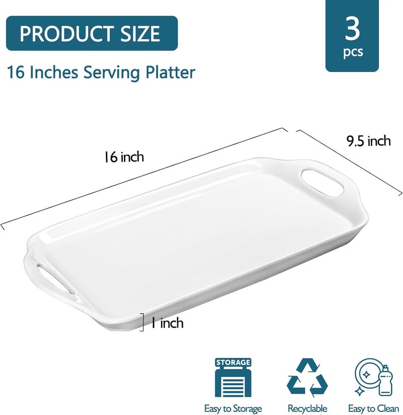 Dizada Serving Tray with Handles 16x 95 Large Serving Platter White Porcelain Platters for Serving Food Serving Platters and Trays for Parties Entertaining Dessert Fruit Turkey 3Pack Rectangle - Image 2
