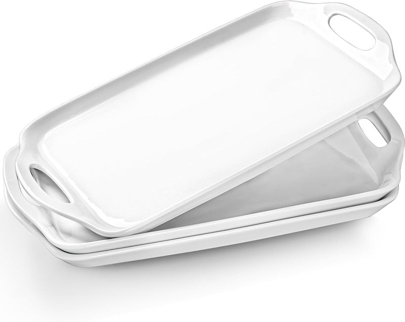 Dizada Serving Tray with Handles 16x 95 Large Serving Platter White Porcelain Platters for Serving Food Serving Platters and Trays for Parties Entertaining Dessert Fruit Turkey 3Pack Rectangle - Image 1