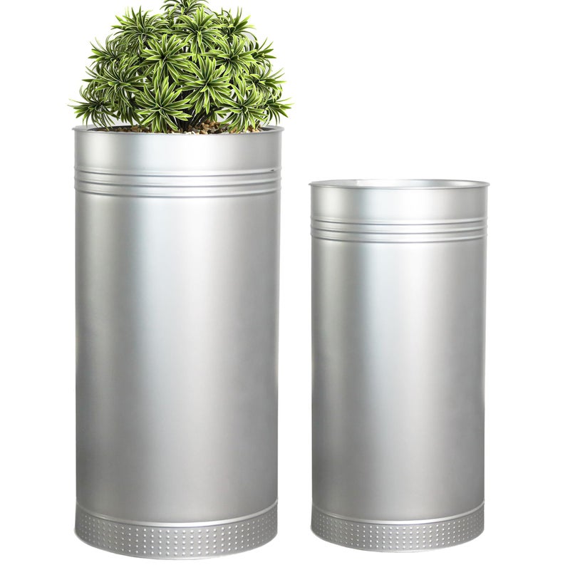 Worth Garden Galvanized Steel Planter 2-Pack - Large:28"x14.5" & Small:24"x12" - Tall Metal Plant Pots - Large Handcrafted Decoration Flower Pot for Indoor Outdoor, Deck, Patio, Front Porch - Silver - Image 1