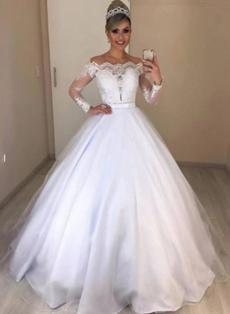NIBEMINENT Boat Neck Lace Long Sleeve Ball Gown Wedding Dress  - Image 1