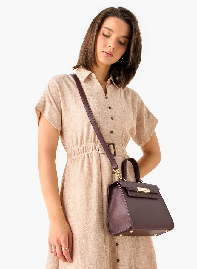 Flora Bella By Shoexpress Textured Satchel Bag with Detachable Strap and Flap Closure